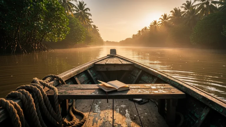 Huit jours de vie à bord d’un bateau sur un fleuve paisible au coucher du soleil