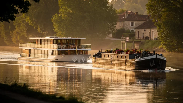 Péniche et paquebot fluvial contrastant sur une rivière calme au coucher de soleil, ambiance paisible et lumière dorée