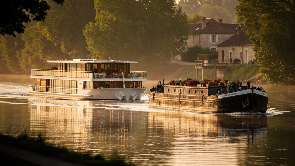 Péniche et paquebot fluvial contrastant sur une rivière calme au coucher de soleil, ambiance paisible et lumière dorée