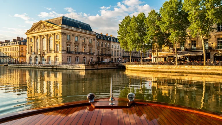 Croisière sur la Garonne redécouvrant Bordeaux, vue panoramique au coucher du soleil sur la ville et le fleuve
