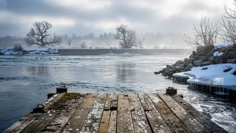 Rivière au printemps vue d’un ponton usé, ambiance mélancolique après trois hivers sans embarquer