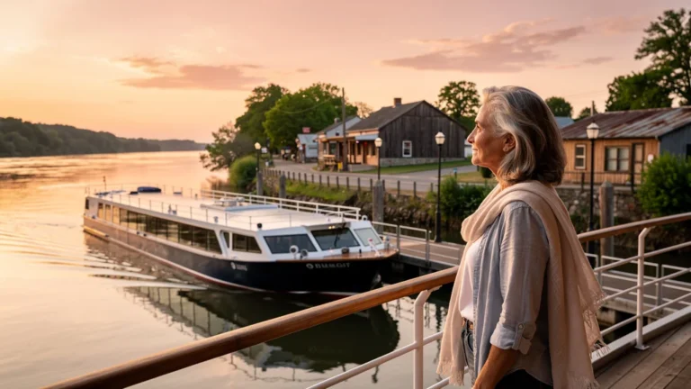 Femme de 54 ans contemplant un bateau de croisière fluviale calme au coucher du soleil, ambiance mélancolique