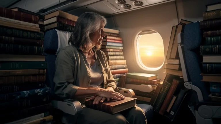 Femme d'âge moyen entourée de trop nombreux livres à bord d'un avion, illustrant le poids du voyage littéraire