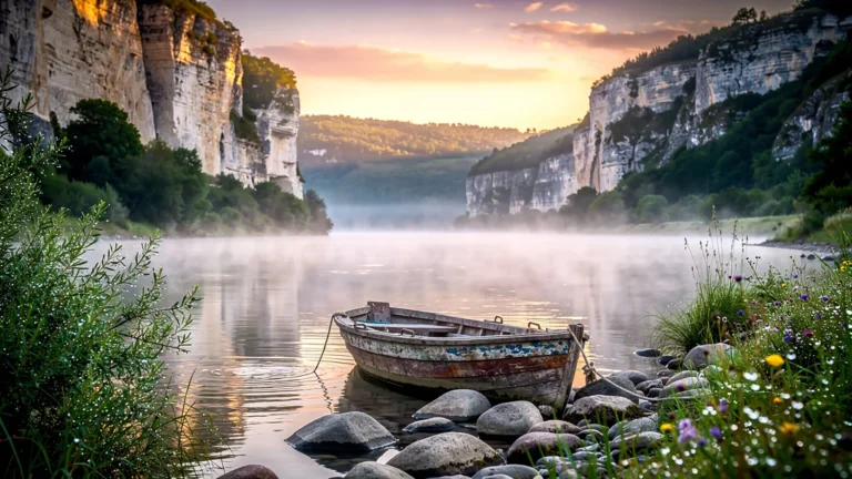 Paysage silencieux du Lot au lever du jour, vallée paisible et nature préservée pour retrouver le silence