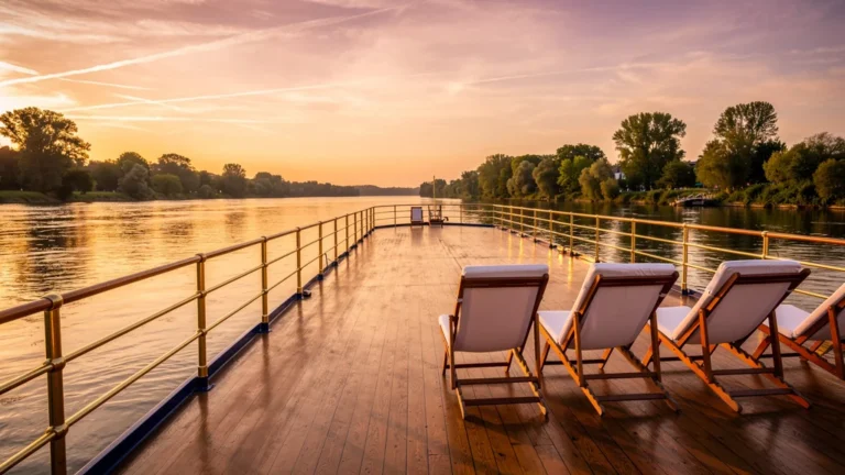 Vue réaliste d’un pont de croisière fluviale au coucher du soleil sur une rivière calme et paisible