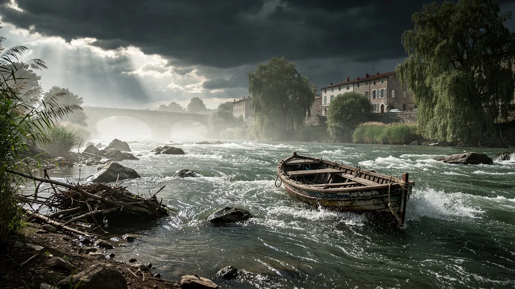 Photo réaliste rivière Garonne en août avec bateau en difficulté sous ciel orageux dramatique