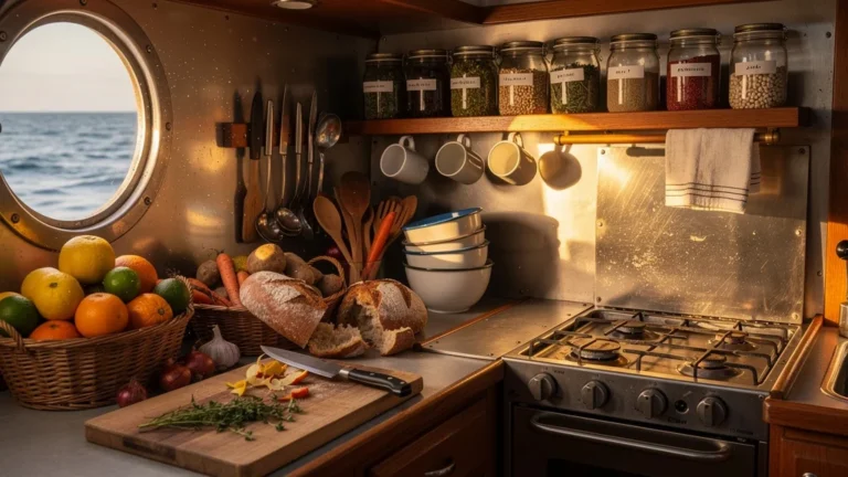 Cuisine de bord sans réfrigérateur : galley de bateau aménagée pour une semaine de conservation sans froid