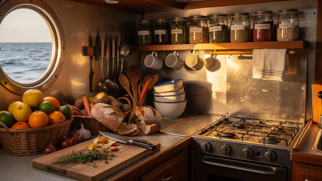 Cuisine de bord sans réfrigérateur : galley de bateau aménagée pour une semaine de conservation sans froid