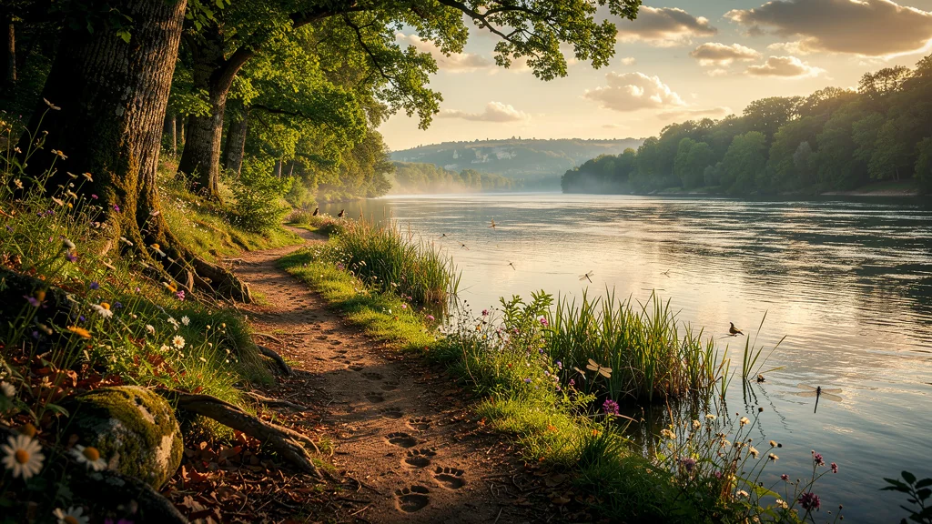 Paysage hyper-réaliste de la Dordogne à pied, sentier au bord de la rivière au coucher de soleil