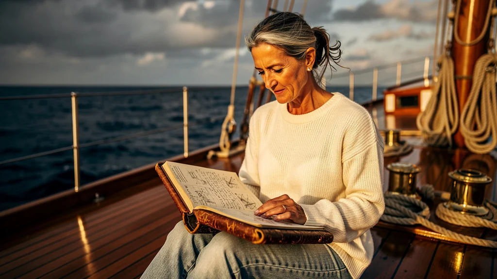 Femme relisant le carnet de bord de son père à bord d’un bateau en bois au coucher du soleil