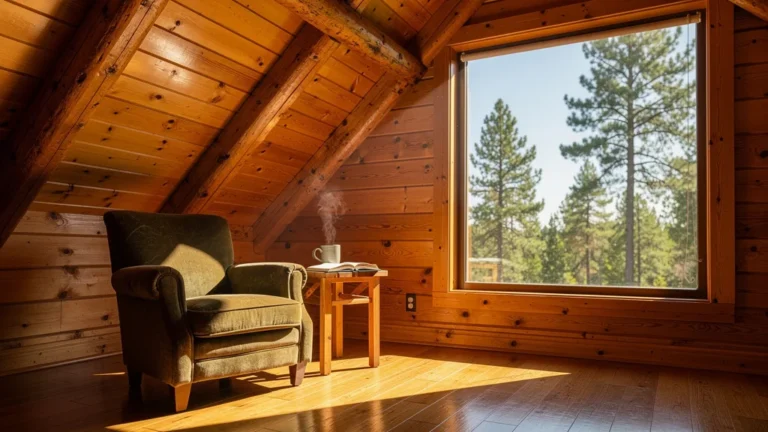 Intérieur d'une cabine confortable montrant la hauteur sous barrot en bois, ambiance chaleureuse et lumineuse