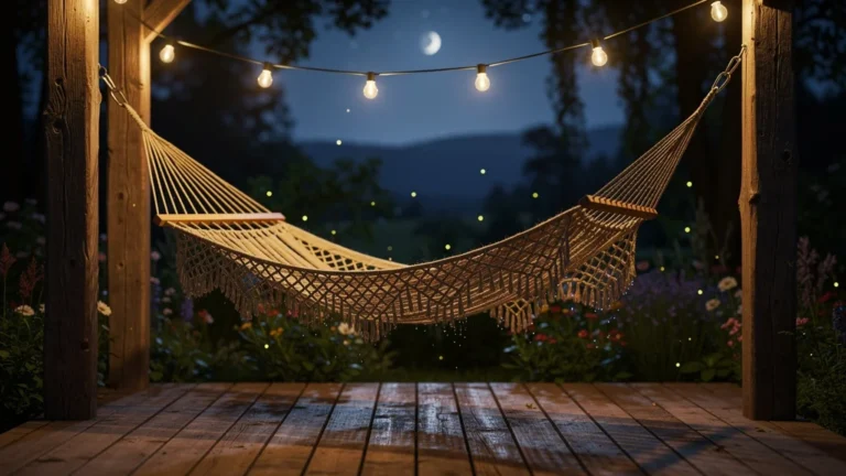 Hamac de pont suspendu sur une terrasse en bois sous une douce lumière d'été nocturne