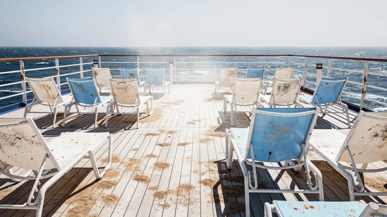 Image réaliste du pont supérieur désert et inconfortable d’un bateau de croisière sous un soleil implacable