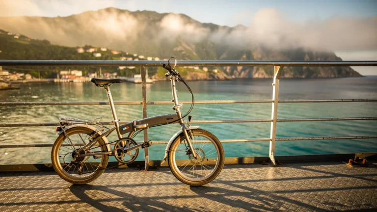 Vélo pliant embarqué sur ferry à chaque escale durant une semaine de voyage