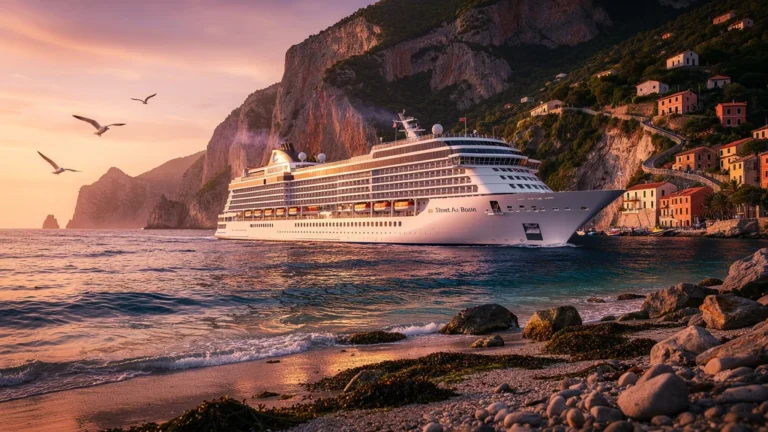 Croisière côtière ensoleillée avec un navire moderne près d’un littoral rocheux et verdoyant