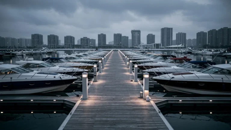 Vue hyperréaliste d’un port de plaisance moderne perdu, sans âme, au crépuscule sous un ciel gris