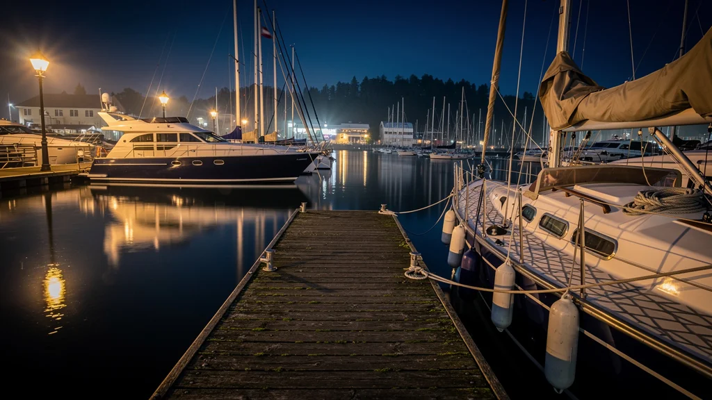 Vue nocturne hyper-réaliste d’un port de plaisance désert lors d’une première nuit à quai