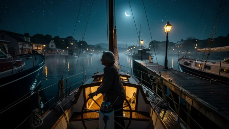 Première manœuvre d’amarrage nocturne d’une femme de 54 ans dans un port inconnu, ambiance réaliste