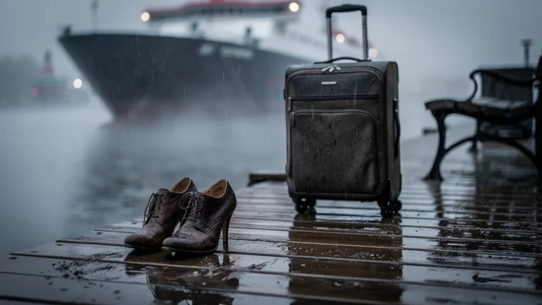 Embarkation pluvieuse sans bottes, scène réaliste de quai sous la pluie avec chaussures inadaptées et valise humide