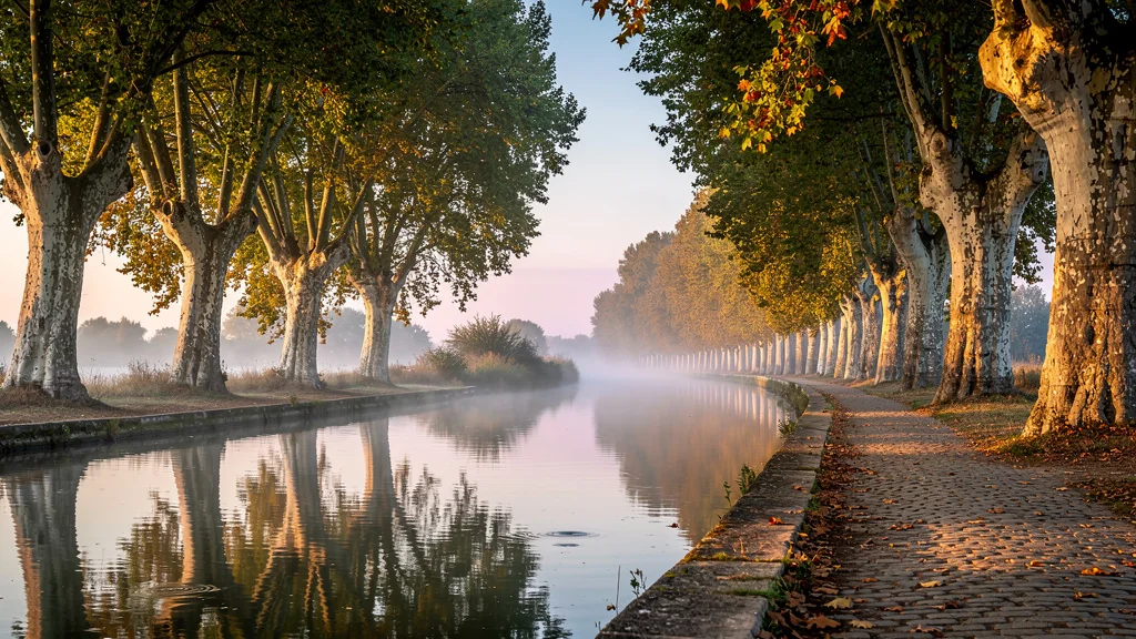 Canal du Midi en septembre avec les platanes aux feuilles d’automne, lumière dorée et ambiance paisible