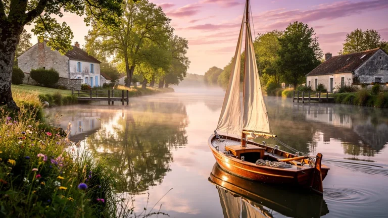 Navigation paisible de trois jours sans téléphone sur la rivière Charente au coucher du soleil