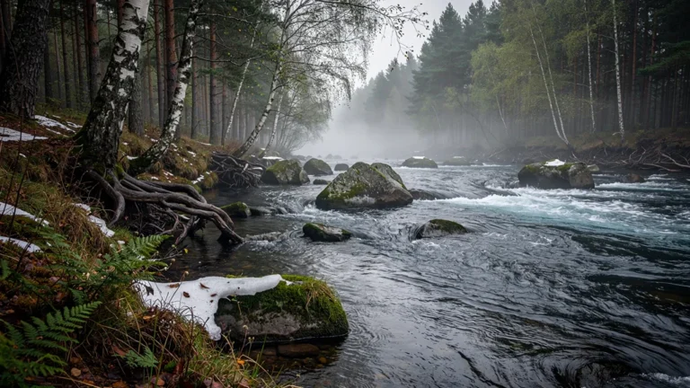 Photographie réaliste d'un fleuve nord-européen sauvage et puissant, contrastant avec la douceur de la Garonne
