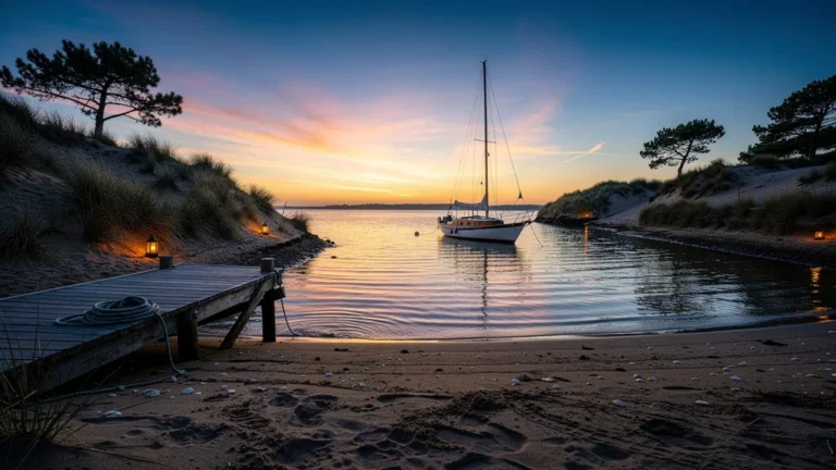 Mouillage forain en Gironde au crépuscule avec un voilier ancré et paysage côtier naturel