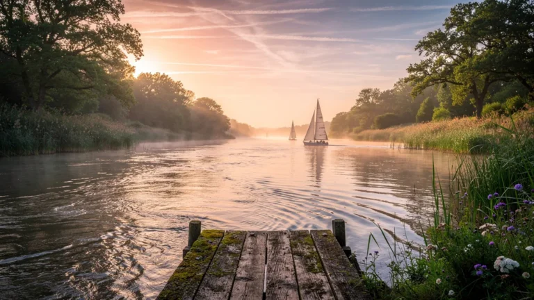 Remontée de la Gironde à la marée montante au lever du soleil, estuaire naturel et paisible